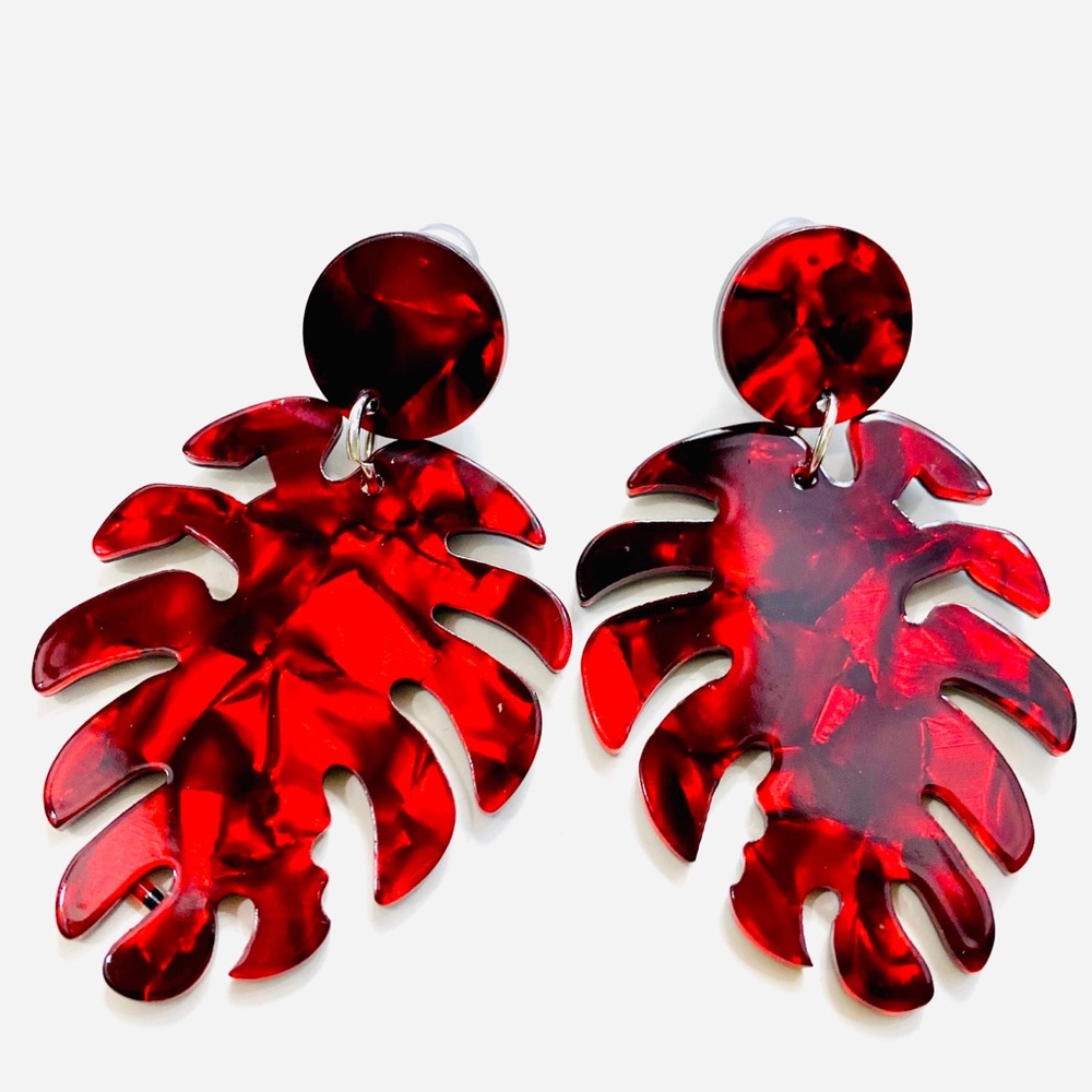 Red & Black Acrylic Leaf Drop Earrings - Picture 2 of 4